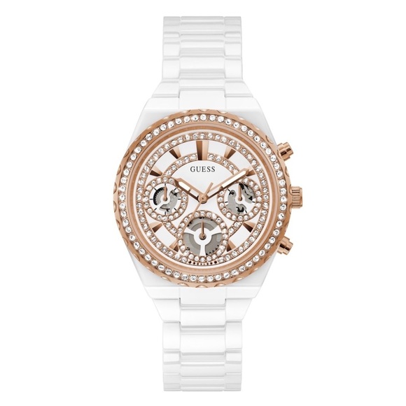 New GUESS Rose Gold-Tone and White Ceramic Multifunction Watch